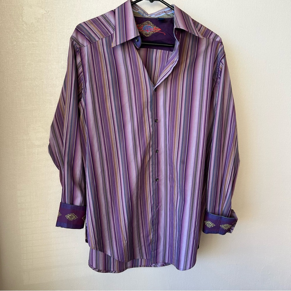 Robert Graham Stripe Shirt M Purple Multicolor Trim Contrast Cuffs Embroidered